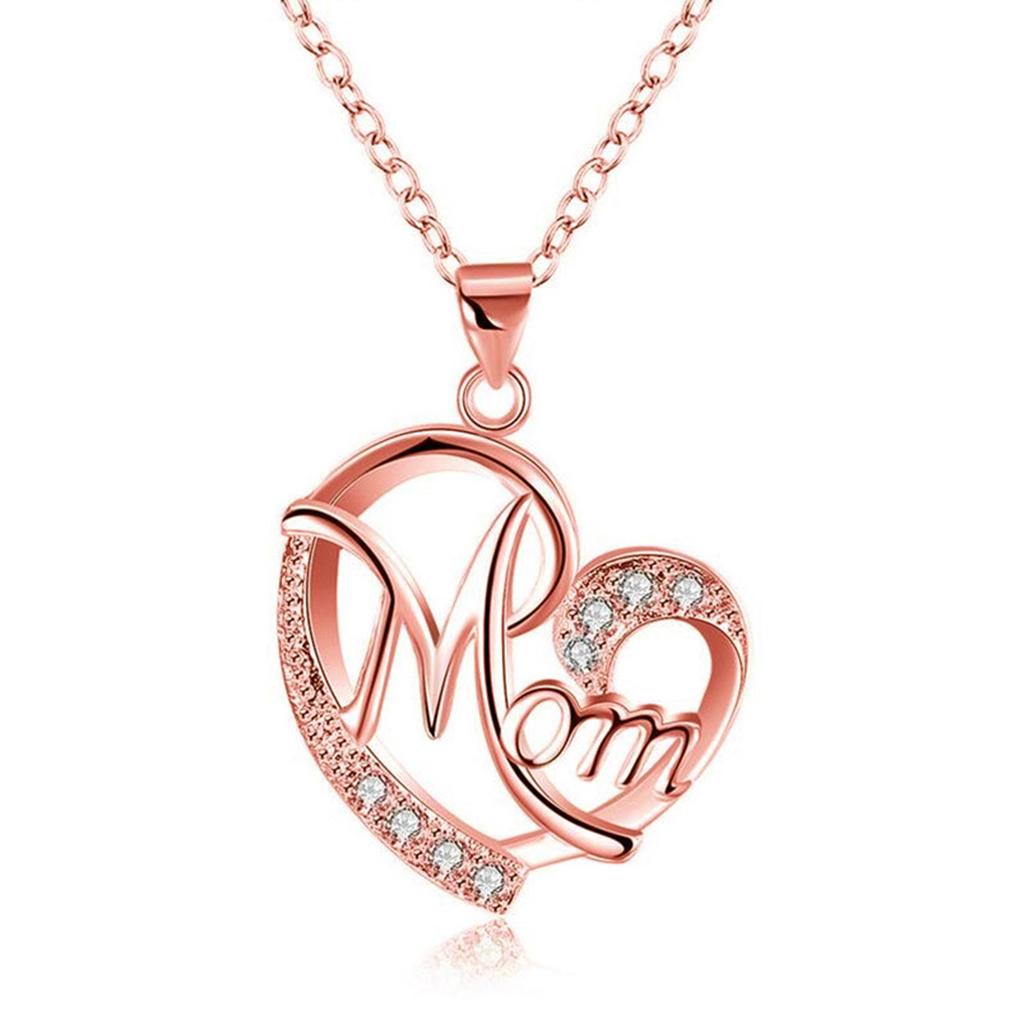 Letter MOM Heart Shape Inlaid Crystal Pendant Necklace Gift for Mother