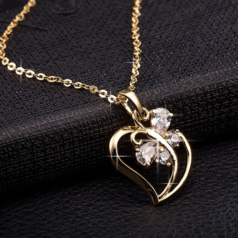 Cubic Zirconia Butterfly Heart Necklace Pendant - 18K